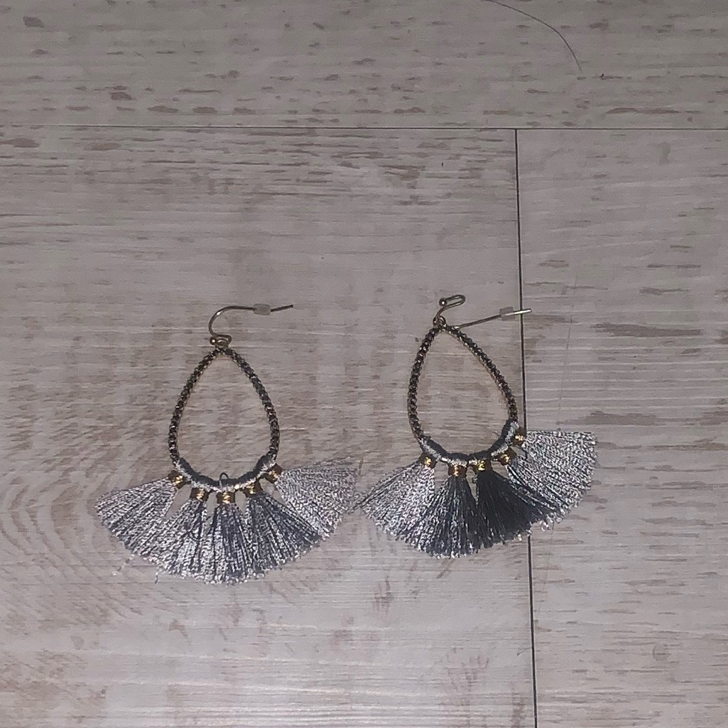 Grey Tassel Hoop Earrings Drop Gold Boho Trendy